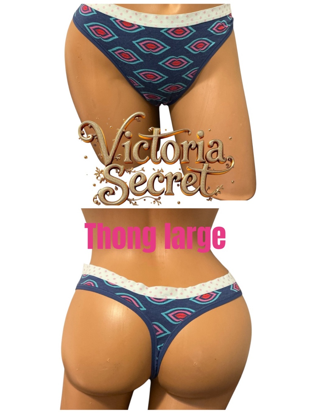 Victoria's Secret Navy Thong with Pink & Teal Geometric Pattern